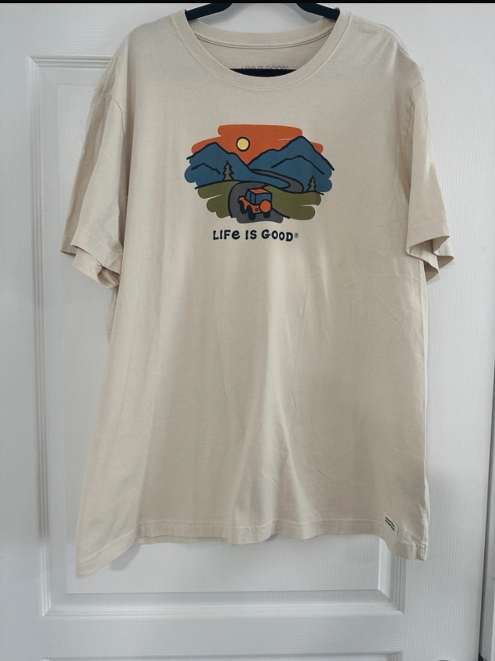 Life Is Good Unisex Cream Tee with Mountain Sunset Graphic